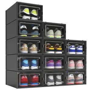 12 Pack Shoe Organizer Boxes, Black Plastic Stackable Shoe Storage Bins For Clos