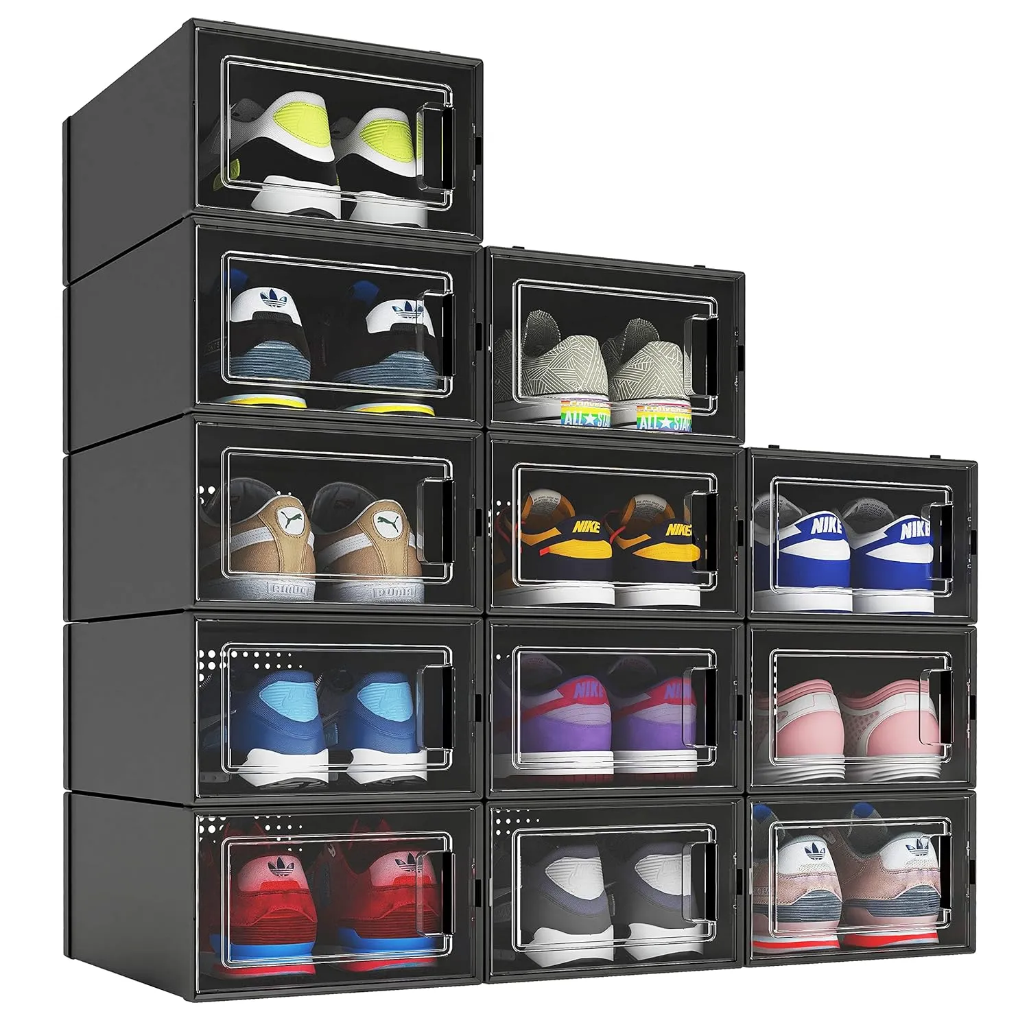 12 Pack Shoe Organizer Boxes, Black Plastic Stackable Shoe Storage Bins For Clos