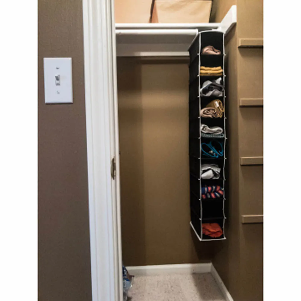 ATHome Hanging Clothes Vertical Storage Box (10 Shelving Units) Durable Accessory Shelves - Easy Set up Closet Cubby, Sweater & Handbag Organizer - Clean & Tidy Wardrobe, Easy Mount, Black