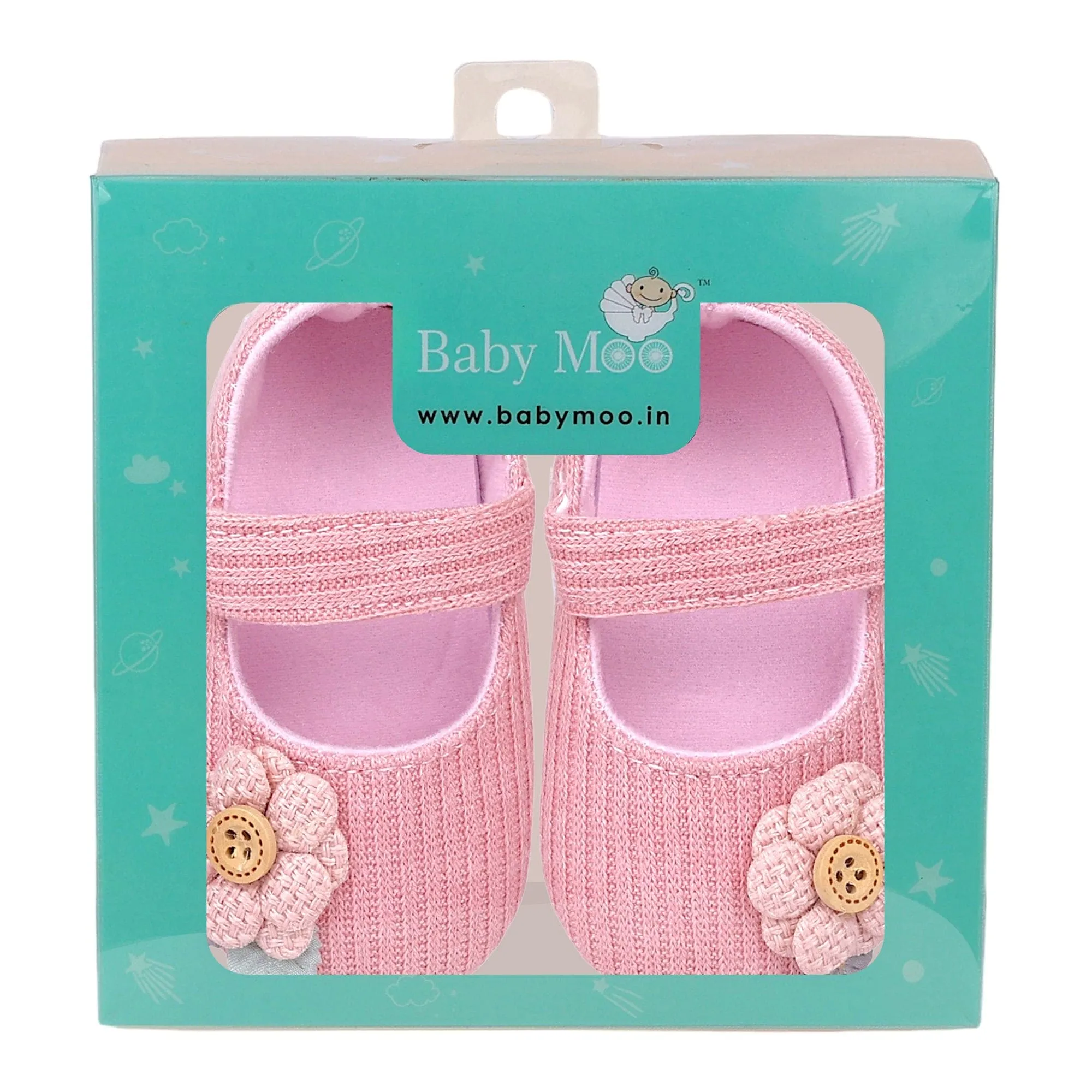 Baby Moo 3D Flower Button Velcro Strap Anti-Skid Ballerina Booties - Pink