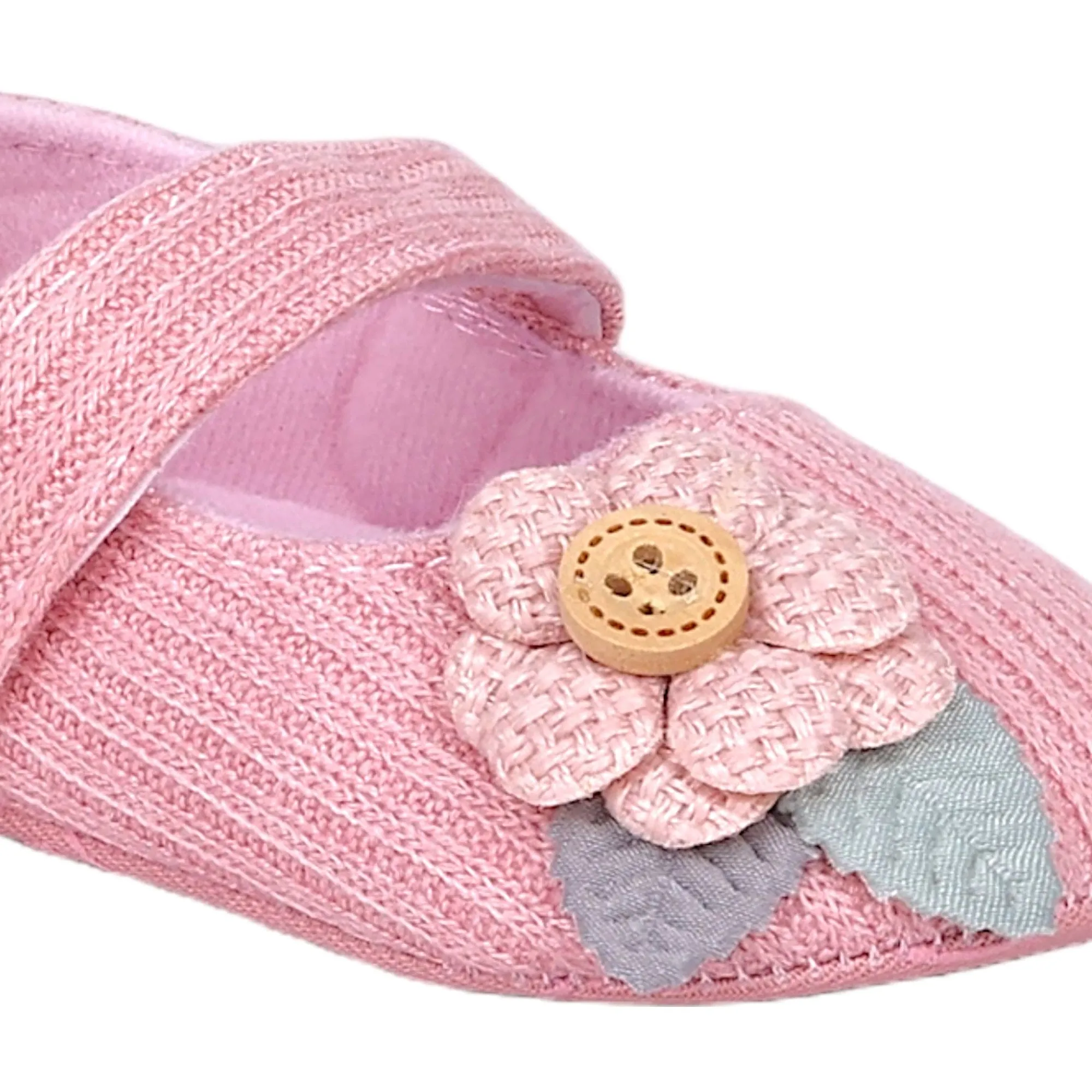 Baby Moo 3D Flower Button Velcro Strap Anti-Skid Ballerina Booties - Pink