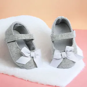 Baby Moo Bow Knot Velcro Strap Anti-Skid Patterned Ballerina Booties - Grey