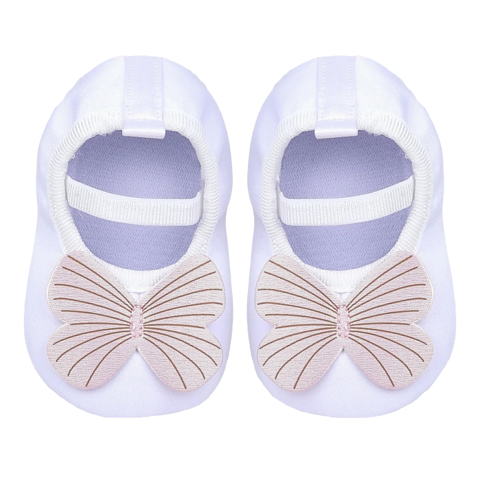 Baby Moo Butterfly Applique Elastic Strap Anti-Skid Ballerina Booties - White
