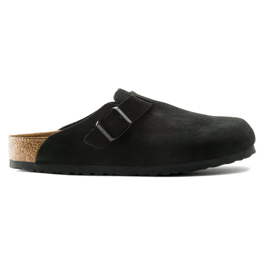 BIRKENSTOCK BOSTON SUEDE SOFT FOOTBED CLOG - BLACK