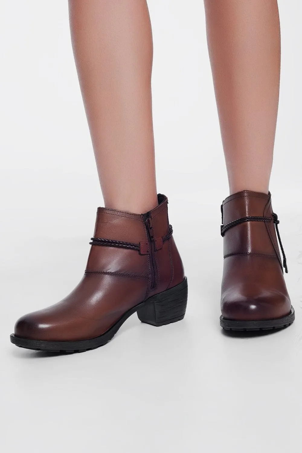Brown Blocked Mid Heeled Ankle Boots