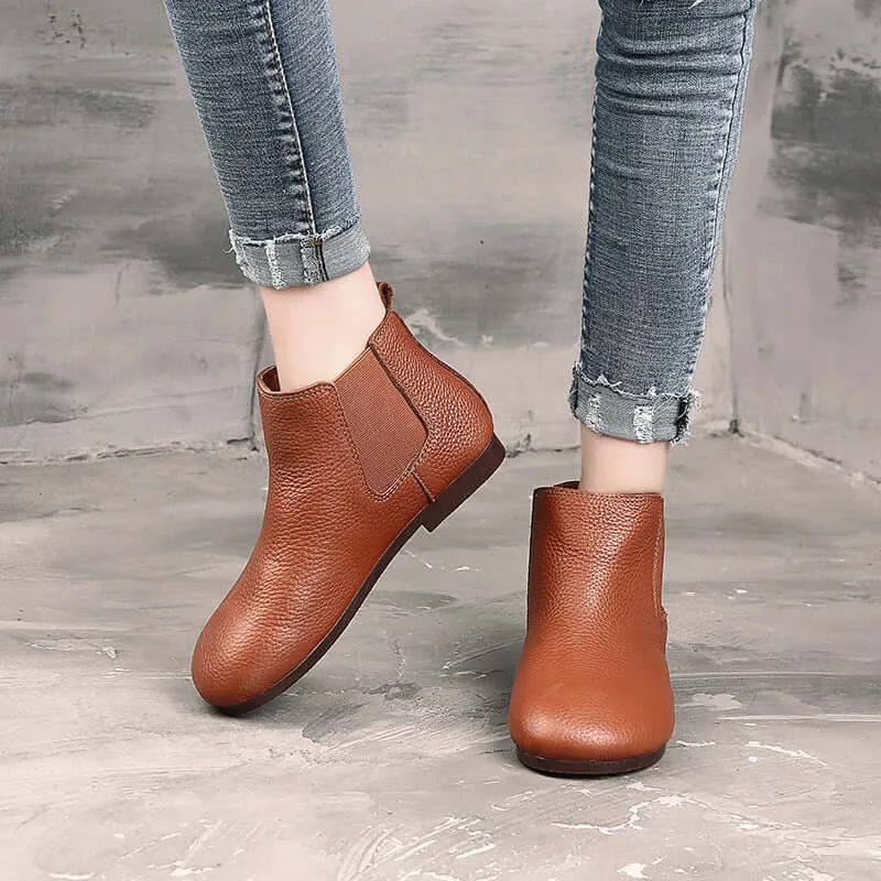 Brown Women's Cowhide Flat Ankle Boots