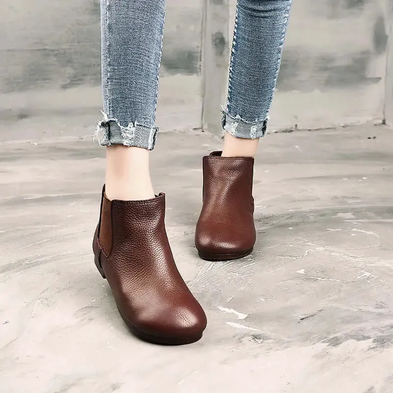 Brown Women's Cowhide Flat Ankle Boots