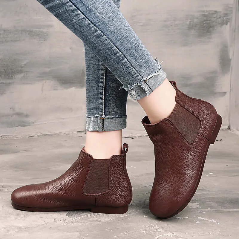 Brown Women's Cowhide Flat Ankle Boots