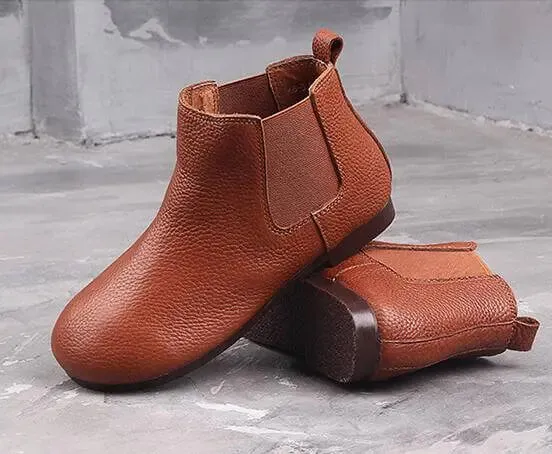 Brown Women's Cowhide Flat Ankle Boots