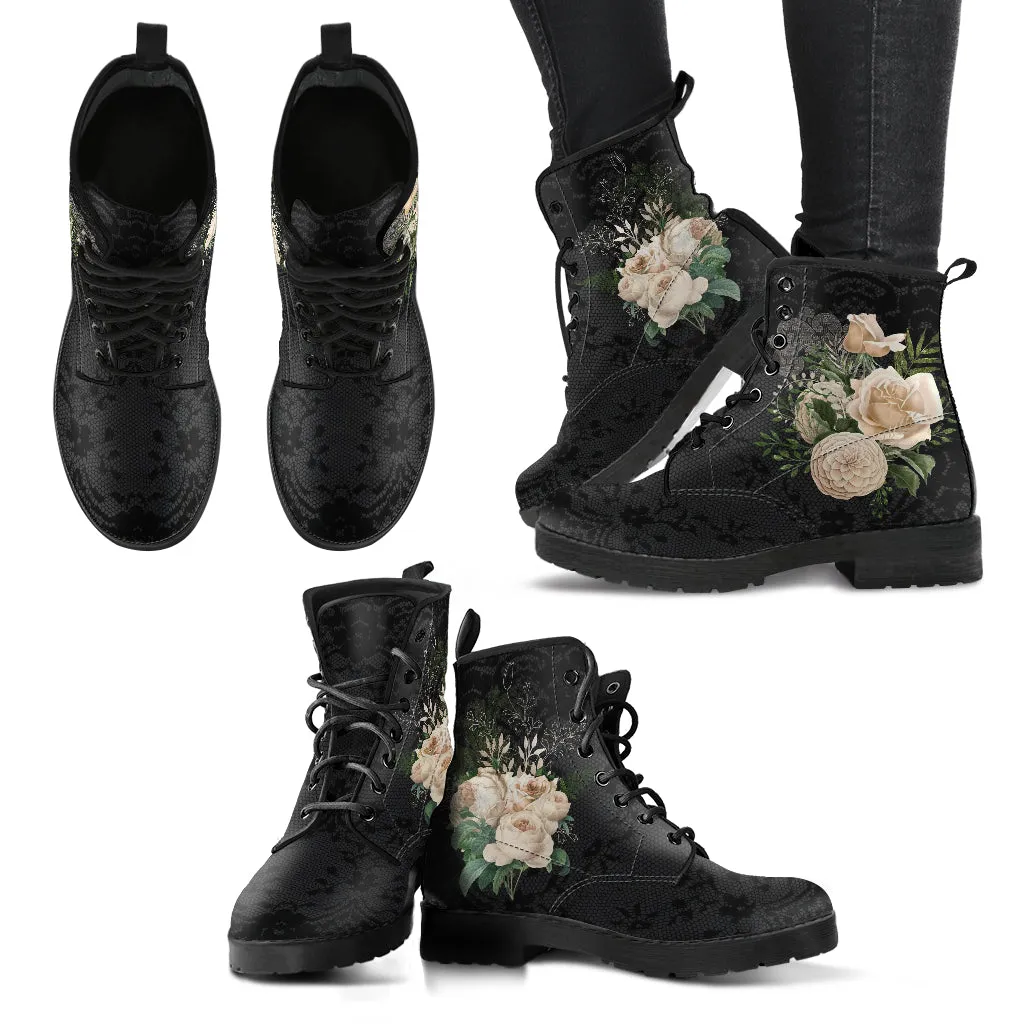 Combat Boots - Beautiful Flowers #21 | Women's Black Hipster Boots, Vegan Leather Lace Up Boots Women, Custom Shoes