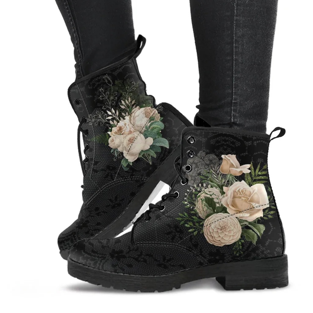 Combat Boots - Beautiful Flowers #21 | Women's Black Hipster Boots, Vegan Leather Lace Up Boots Women, Custom Shoes