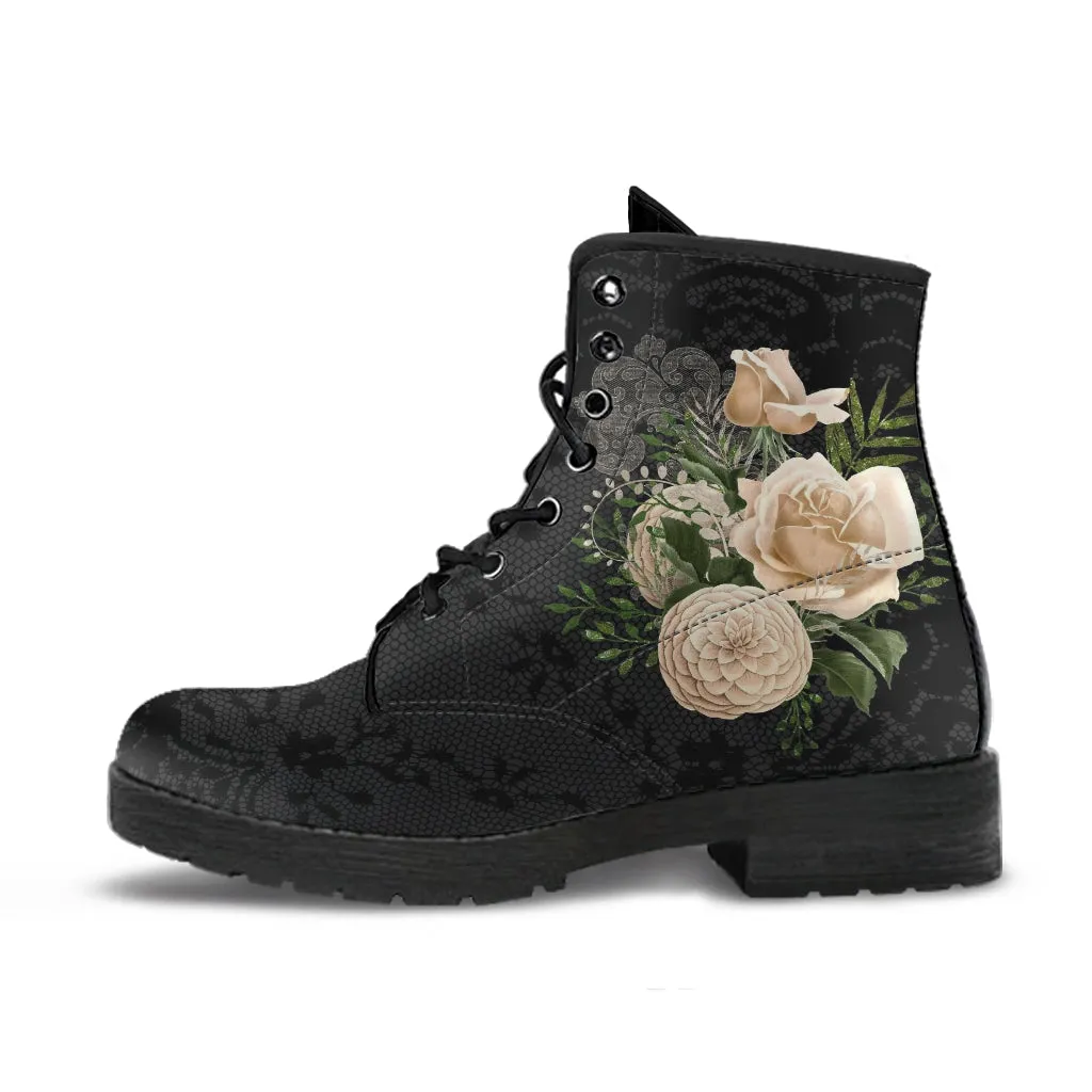 Combat Boots - Beautiful Flowers #21 | Women's Black Hipster Boots, Vegan Leather Lace Up Boots Women, Custom Shoes