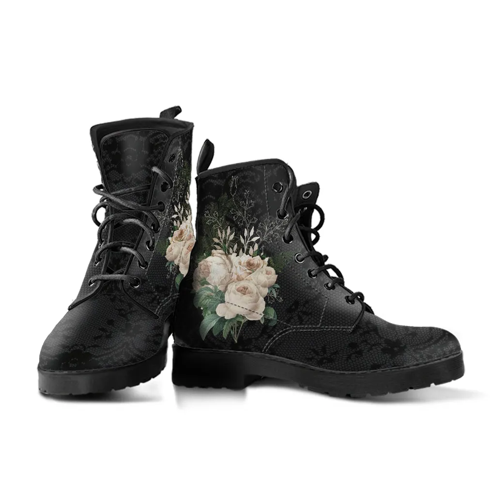 Combat Boots - Beautiful Flowers #21 | Women's Black Hipster Boots, Vegan Leather Lace Up Boots Women, Custom Shoes