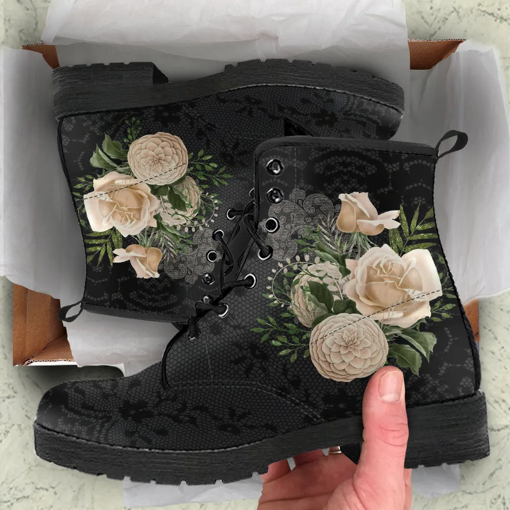 Combat Boots - Beautiful Flowers #21 | Women's Black Hipster Boots, Vegan Leather Lace Up Boots Women, Custom Shoes