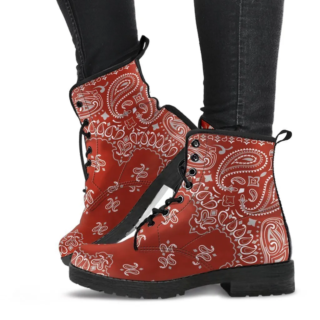 Combat Boots - Red Paisley Design | Red Boots, Boho Shoes, Handmade Lace Up Boots, Vegan Leather Lace Up Boots Women, 90s Boots, 2000s Boots
