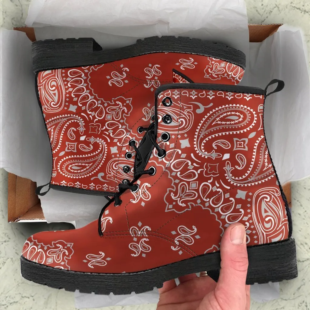 Combat Boots - Red Paisley Design | Red Boots, Boho Shoes, Handmade Lace Up Boots, Vegan Leather Lace Up Boots Women, 90s Boots, 2000s Boots