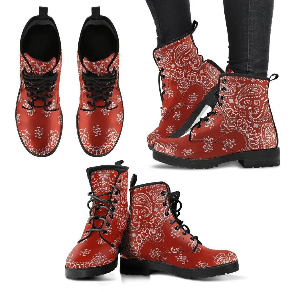 Combat Boots - Red Paisley Design | Red Boots, Boho Shoes, Handmade Lace Up Boots, Vegan Leather Lace Up Boots Women, 90s Boots, 2000s Boots