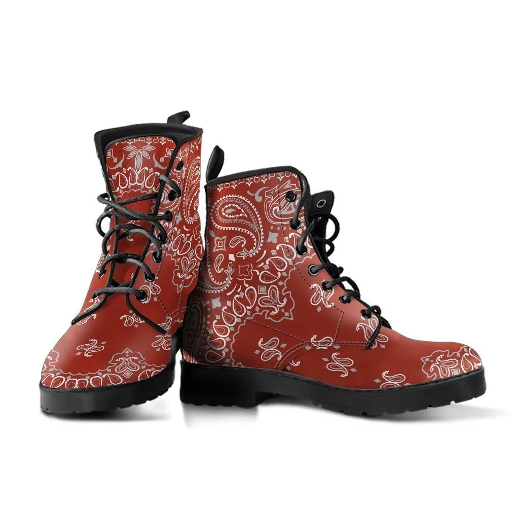 Combat Boots - Red Paisley Design | Red Boots, Boho Shoes, Handmade Lace Up Boots, Vegan Leather Lace Up Boots Women, 90s Boots, 2000s Boots