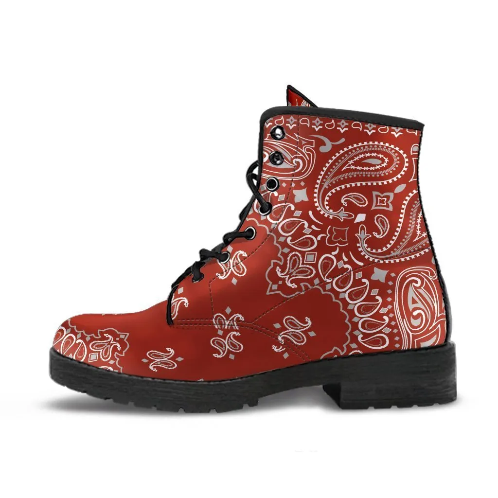Combat Boots - Red Paisley Design | Red Boots, Boho Shoes, Handmade Lace Up Boots, Vegan Leather Lace Up Boots Women, 90s Boots, 2000s Boots