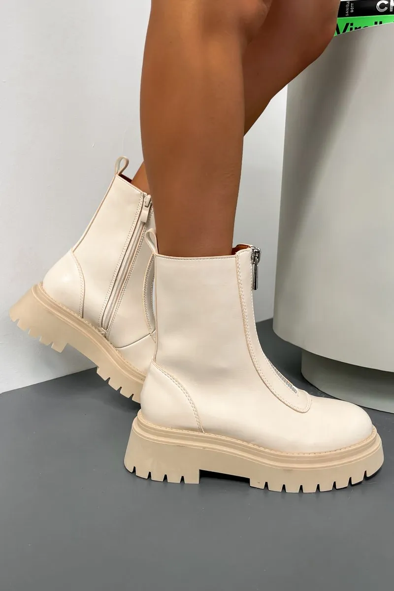 DESTINA Zip Front Ankle Boots - Beige