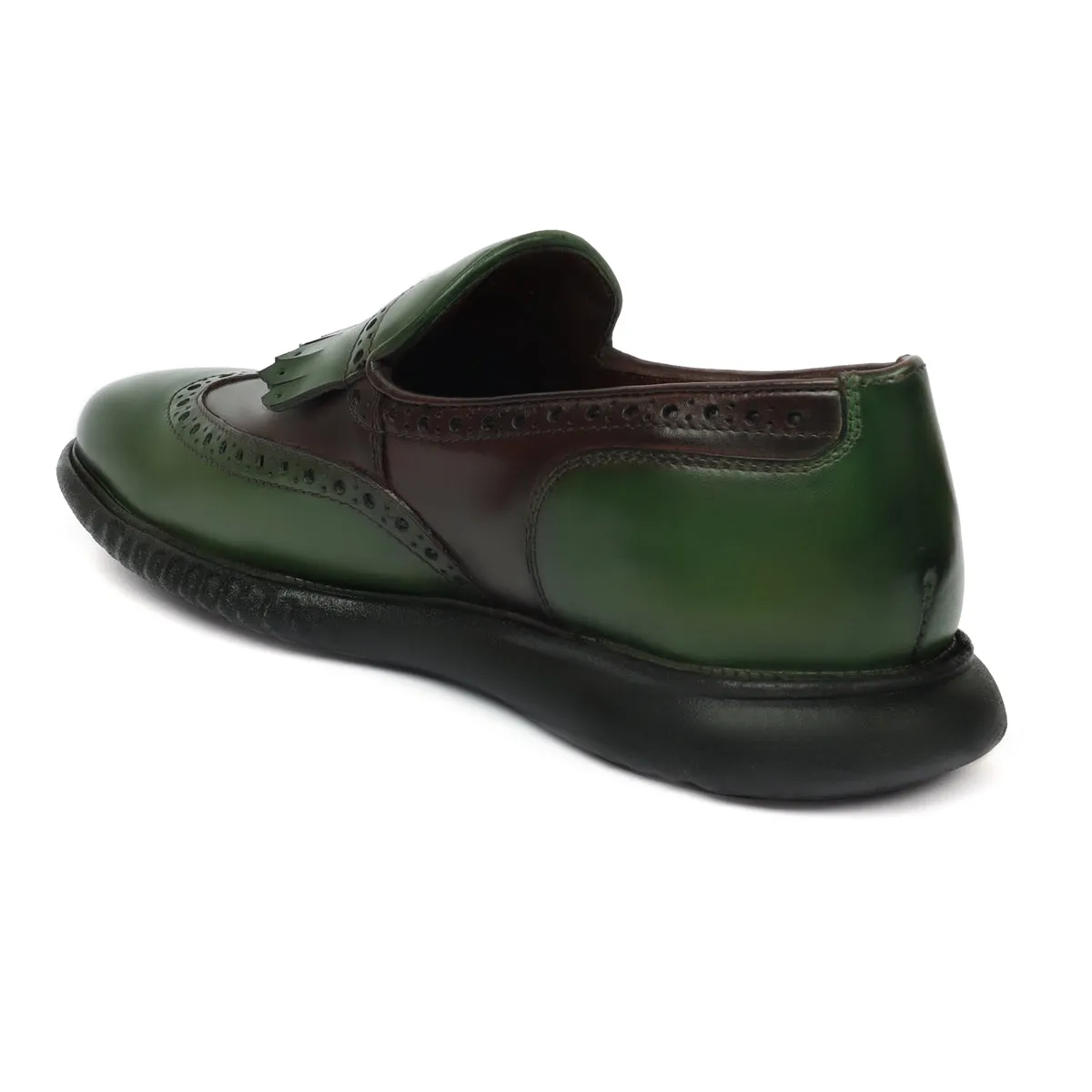 Dual Shade Light Weight Leather Loafer with Green-Dark Brown Wingtip Brogue Fringes
