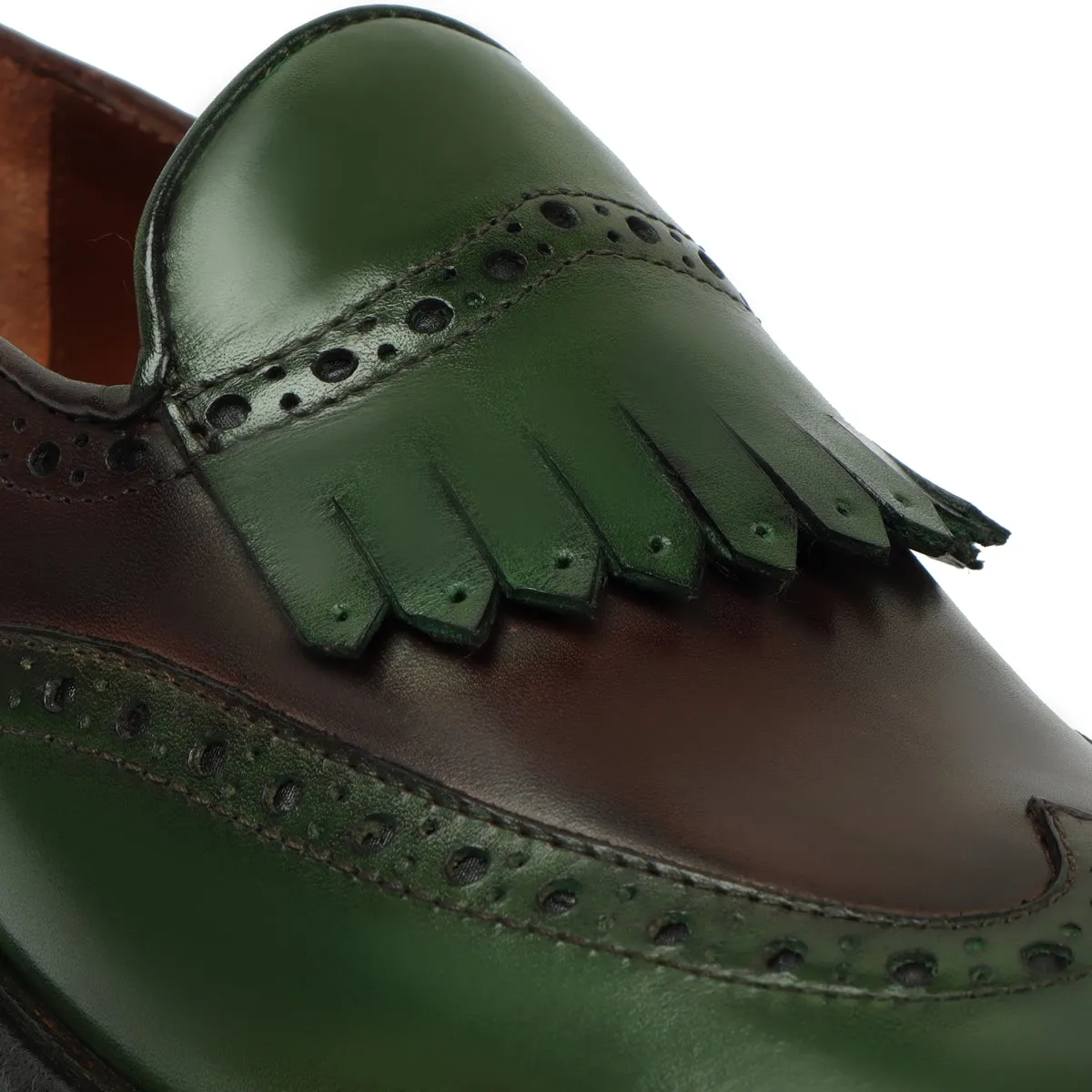 Dual Shade Light Weight Leather Loafer with Green-Dark Brown Wingtip Brogue Fringes