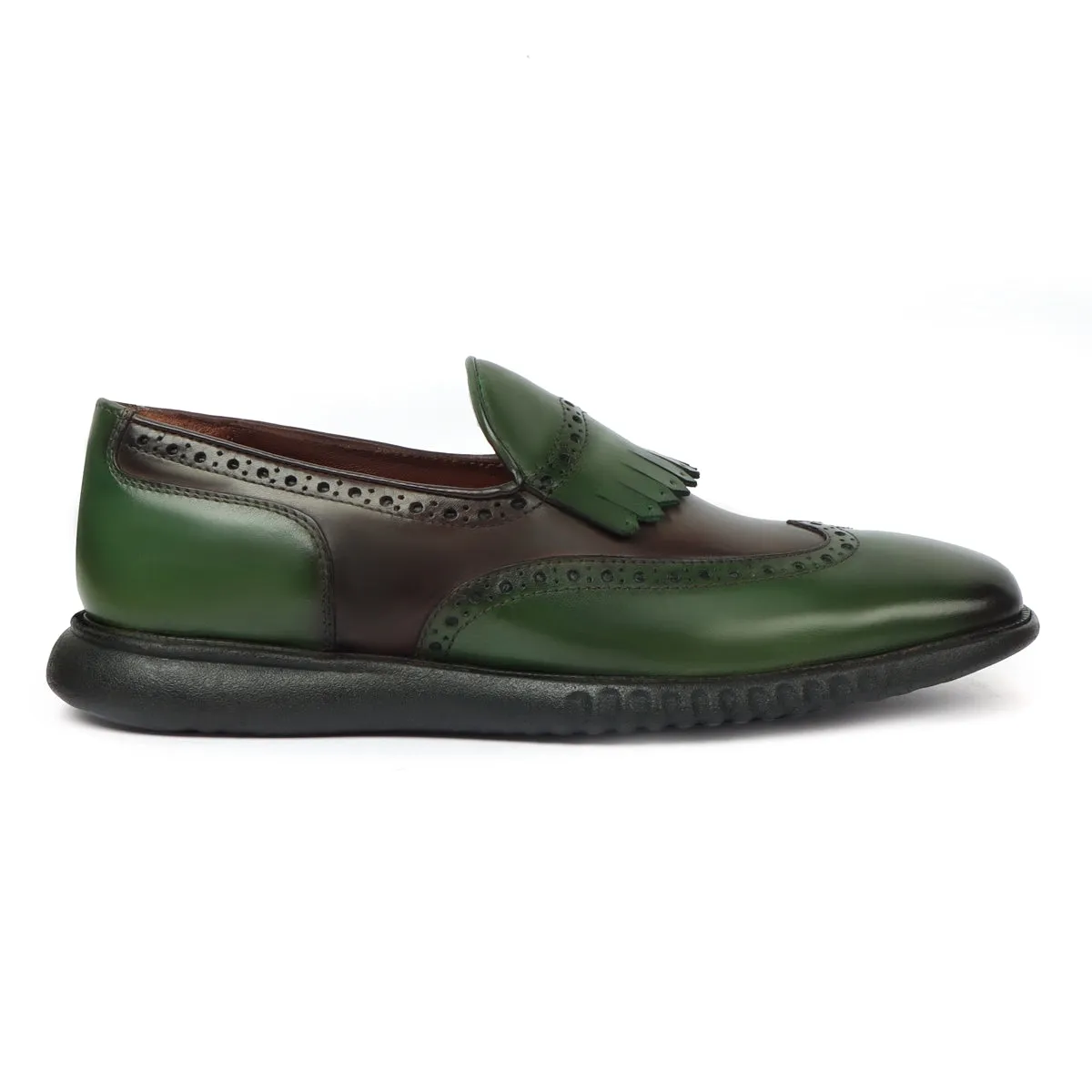 Dual Shade Light Weight Leather Loafer with Green-Dark Brown Wingtip Brogue Fringes
