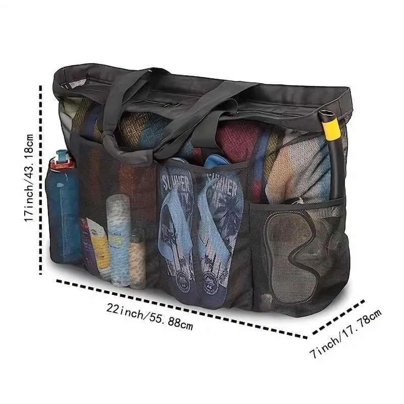 Extra Large Beach Bag - Lightweight, Waterproof, Foldable, with Mesh Straps, Zippered Pockets and Fixed Shoulder Straps