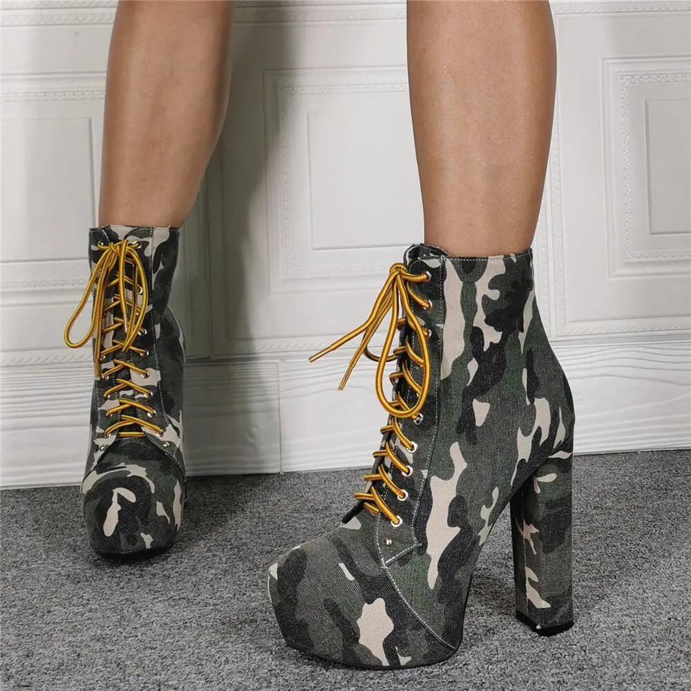 Fashion Camo Platform Strap High Heel Ankle Boots