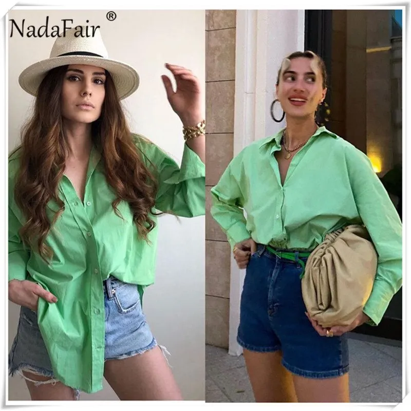 Joskaa Christmas Gift Nadafair Summer Casual Shirts Za Woman 2024 Plus Size Blouses Female Green Tops White Loose Button Up Womens Oversize Shirts