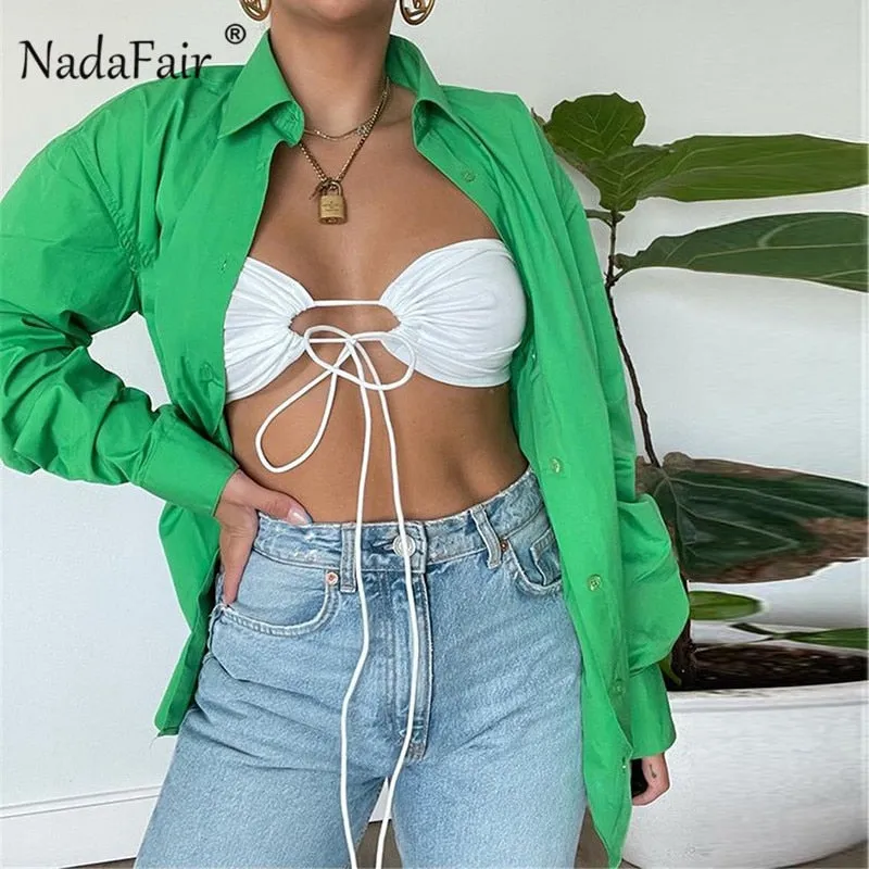 Joskaa Christmas Gift Nadafair Summer Casual Shirts Za Woman 2024 Plus Size Blouses Female Green Tops White Loose Button Up Womens Oversize Shirts