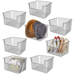 mDesign Farmhouse Decor Metal Storage Organizer Basket - Vintage Grid Style for Organizing Closets, Shelves, Cabinets in Bedrooms, Bathrooms, Entryways, Hallways - 12" Wide, 8 Pack - Graphite Gray