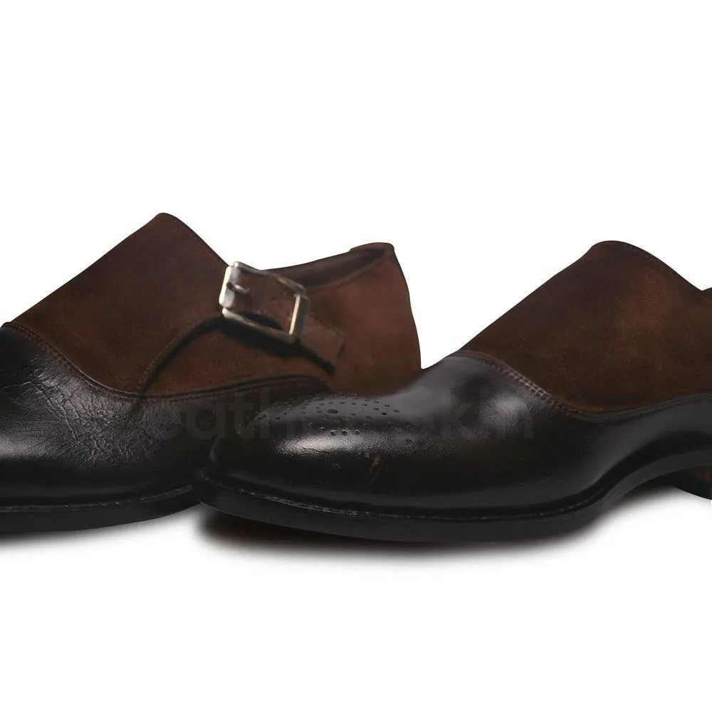 Men Brown Brogue Single Monk Suede and Genuine Leather Shoes