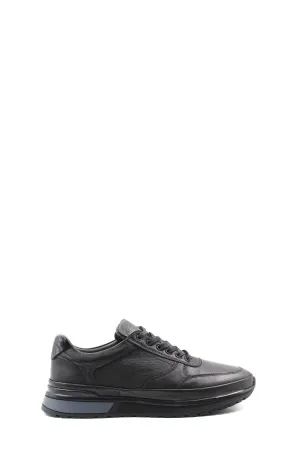 Men's Black Leather Lace-Up Sneakers with Elevated Sole - Wessi