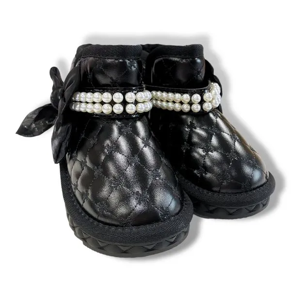 Pearl Strap Quilted Boots - Black