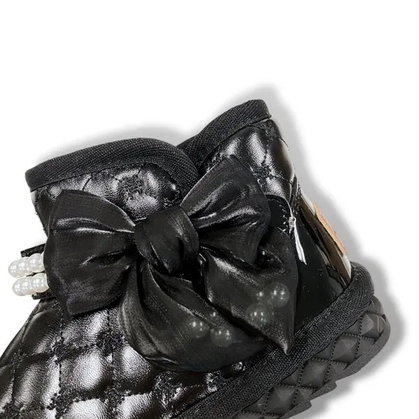 Pearl Strap Quilted Boots - Black
