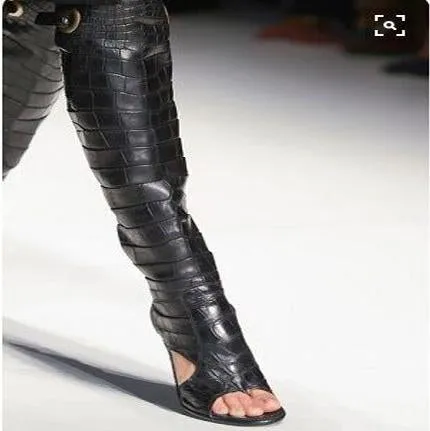 Peep Toe Leather Lace Up Over Knee Boots
