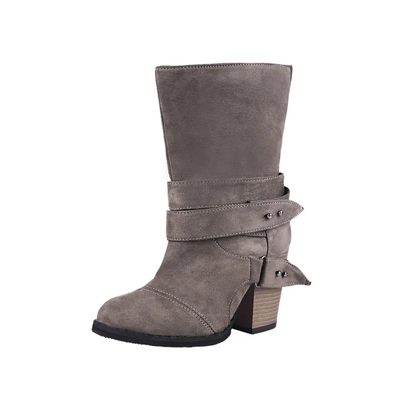 Pointed Thick Heel Large Frosted Boots