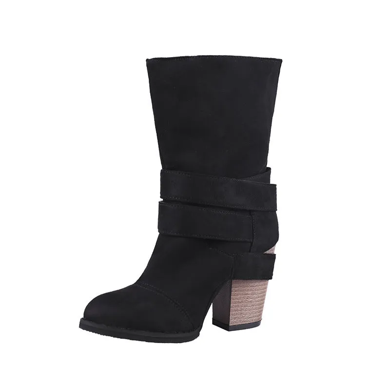 Pointed Thick Heel Large Frosted Boots
