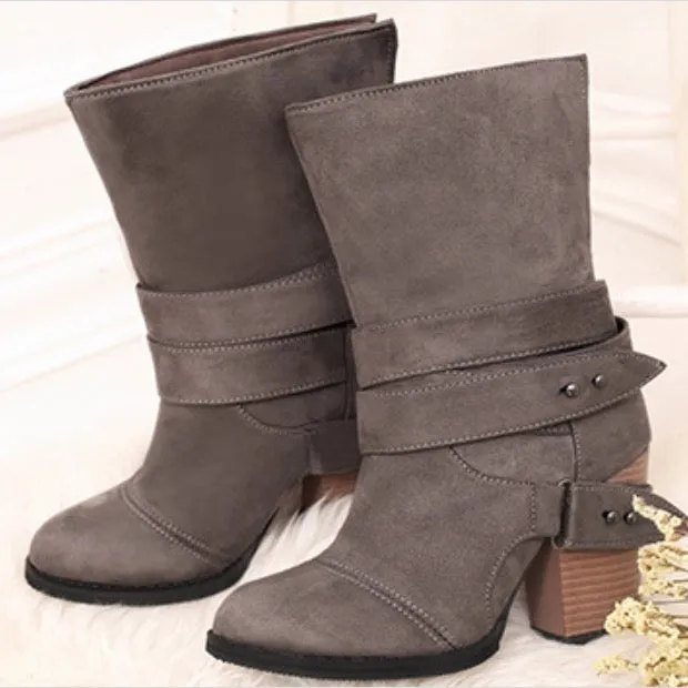 Pointed Thick Heel Large Frosted Boots