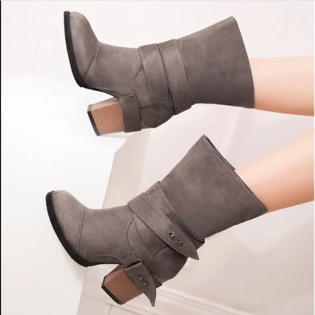 Pointed Thick Heel Large Frosted Boots