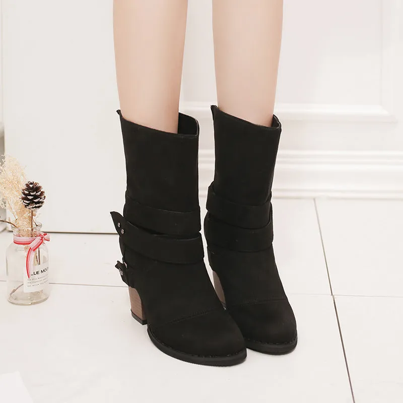Pointed Thick Heel Large Frosted Boots