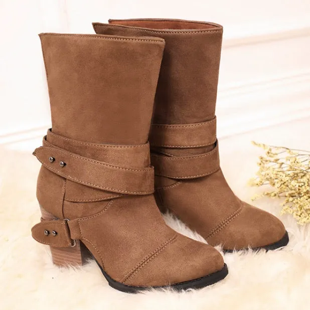Pointed Thick Heel Large Frosted Boots