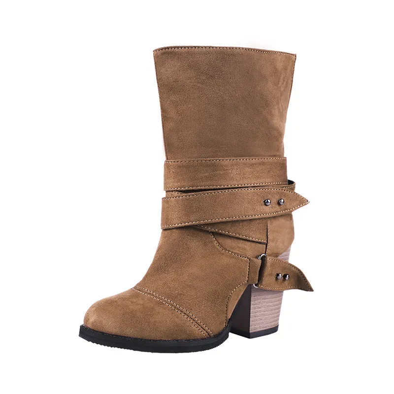 Pointed Thick Heel Large Frosted Boots