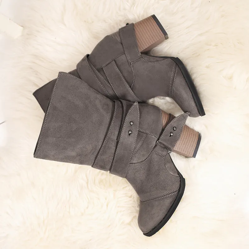 Pointed Thick Heel Large Frosted Boots