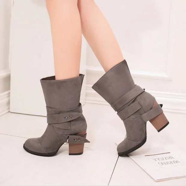 Pointed Thick Heel Large Frosted Boots