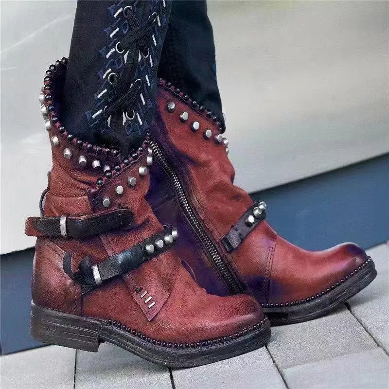 Retro Suede Round Toe Buckle Low Heel Calf Boots