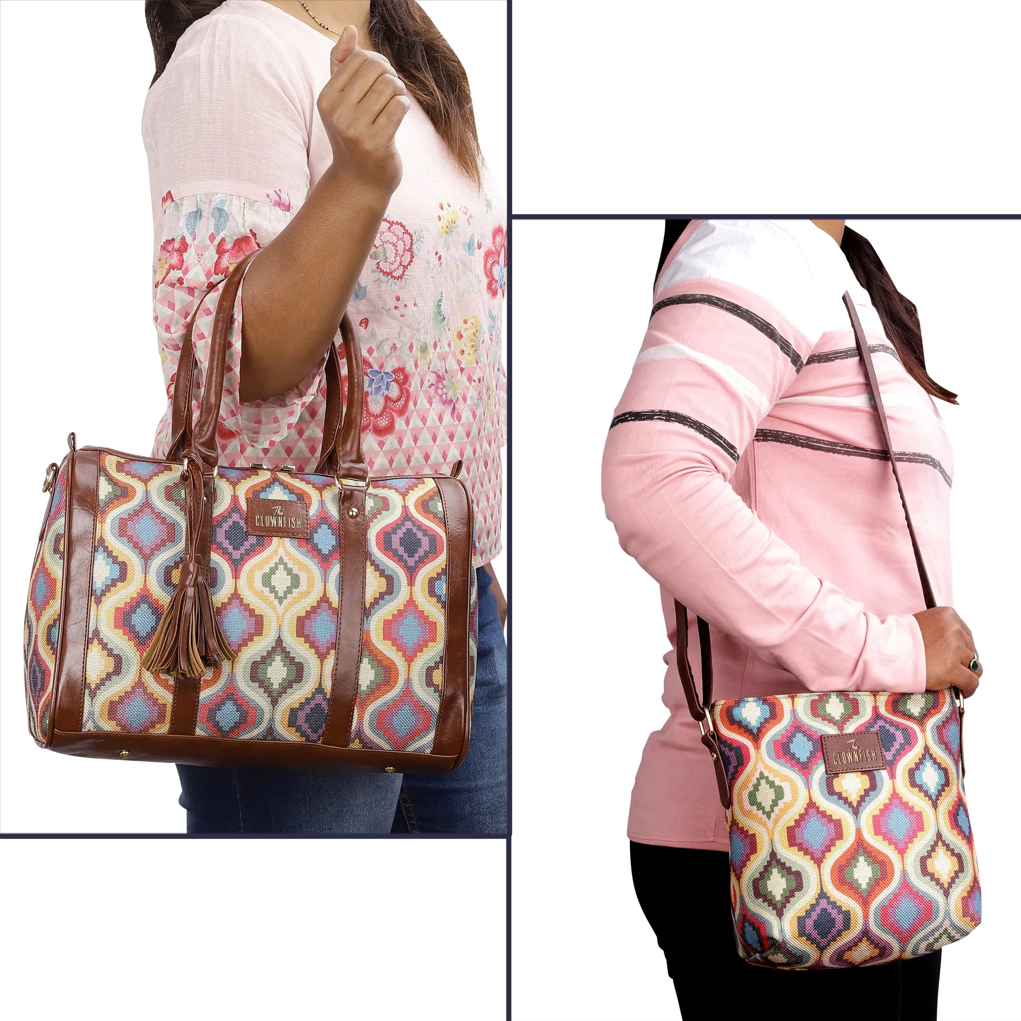 THE CLOWNFISH Combo Of Lorna Printed Handicraft Fabric & Faux Leather Handbag Sling Bag for Women & Aahna Printed Handicraft Fabric Crossbody Sling bag for Women (Multicolour Design)