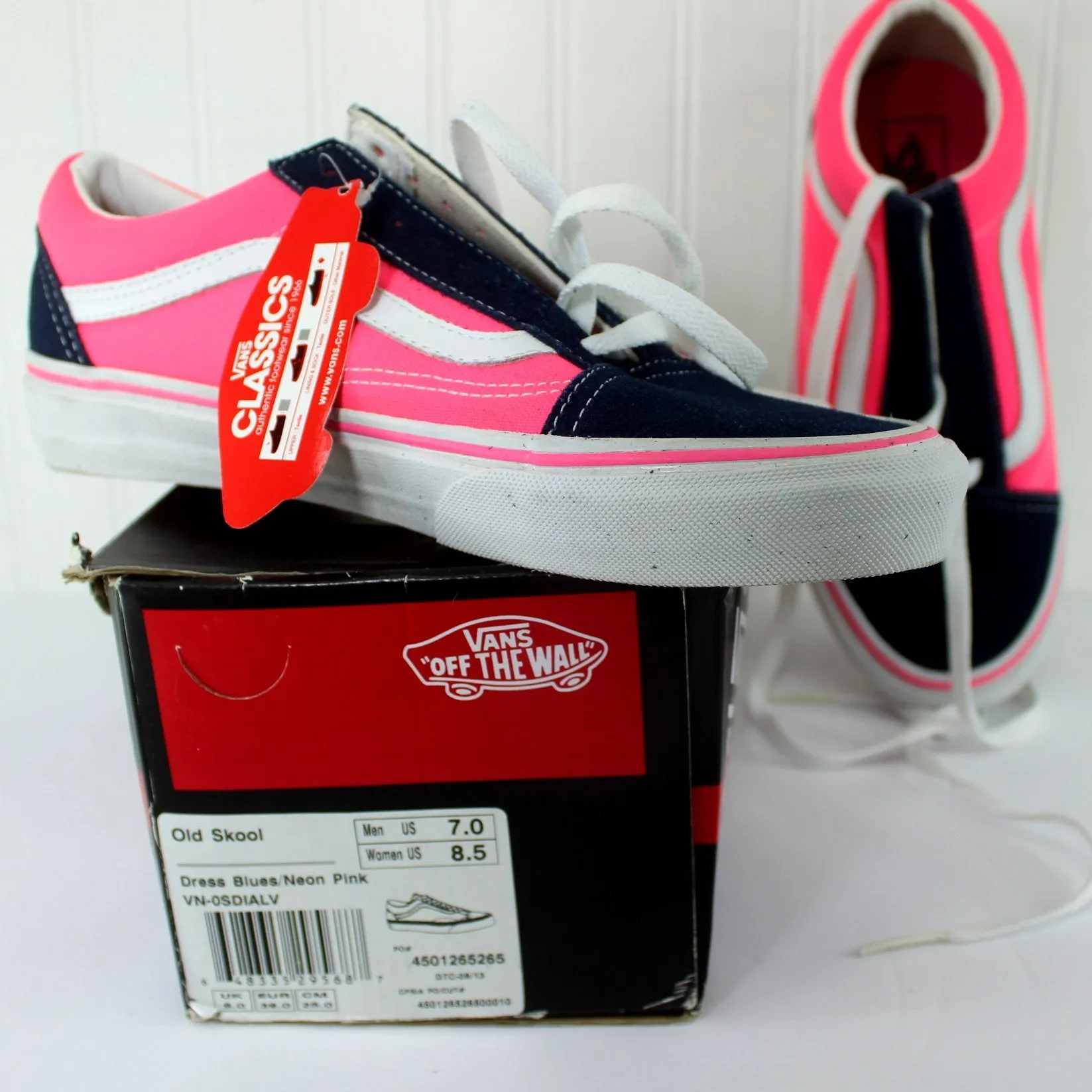 Vans Vintage Old Skool Shoes Off Wall NIB Dress Blues Neon Pink Unisex 7.0 8.5