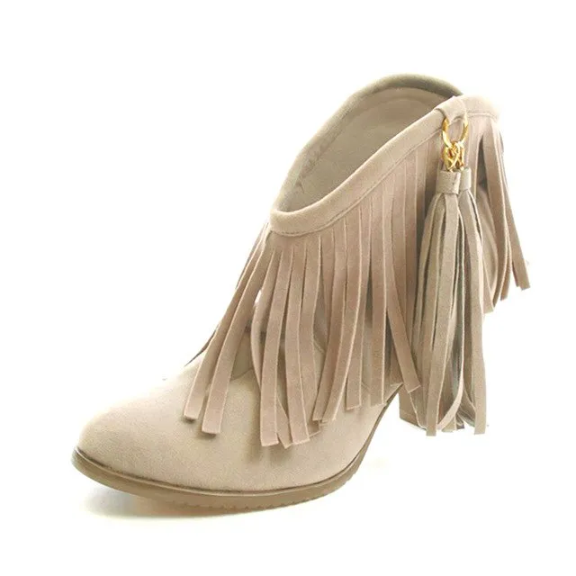 Vintage Fringe High Heels Ankle Boots